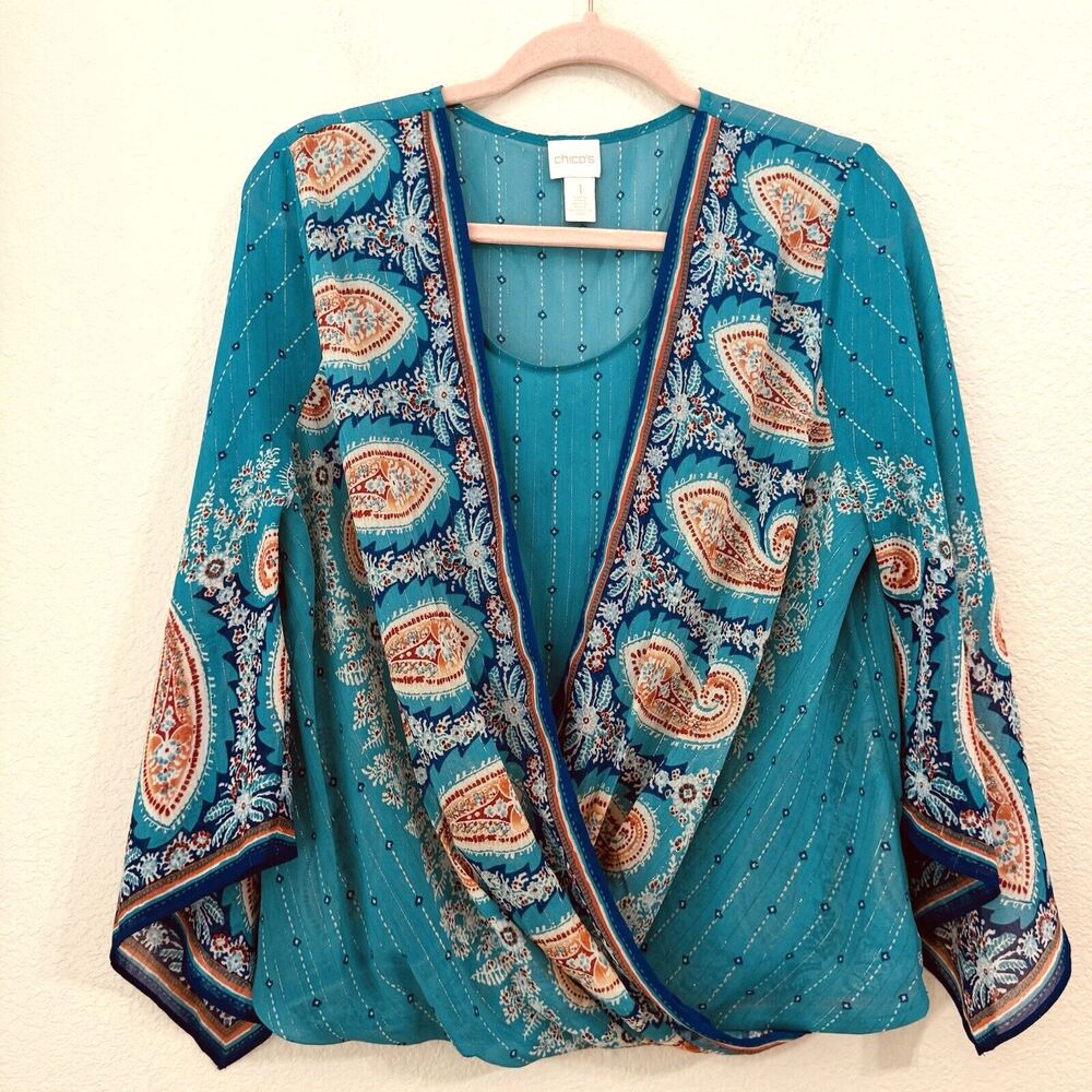 Chico's Teal and Orange Paisley Blouse